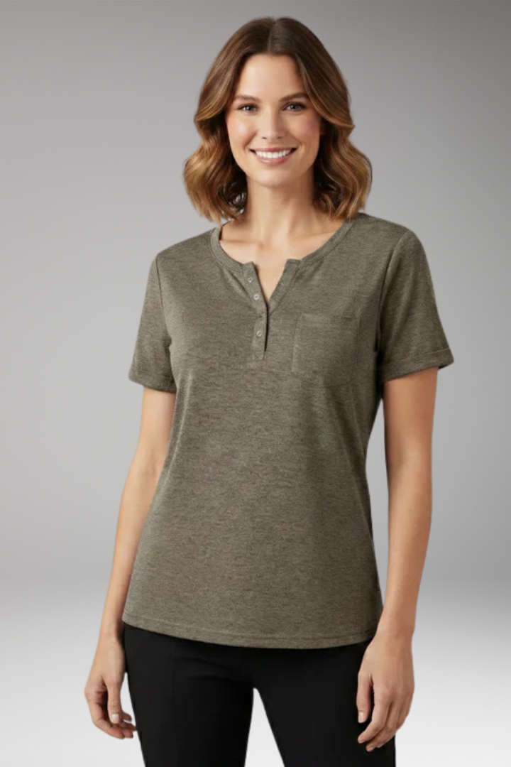 Women's T-Shirt with Button Placket and Chest Pocket