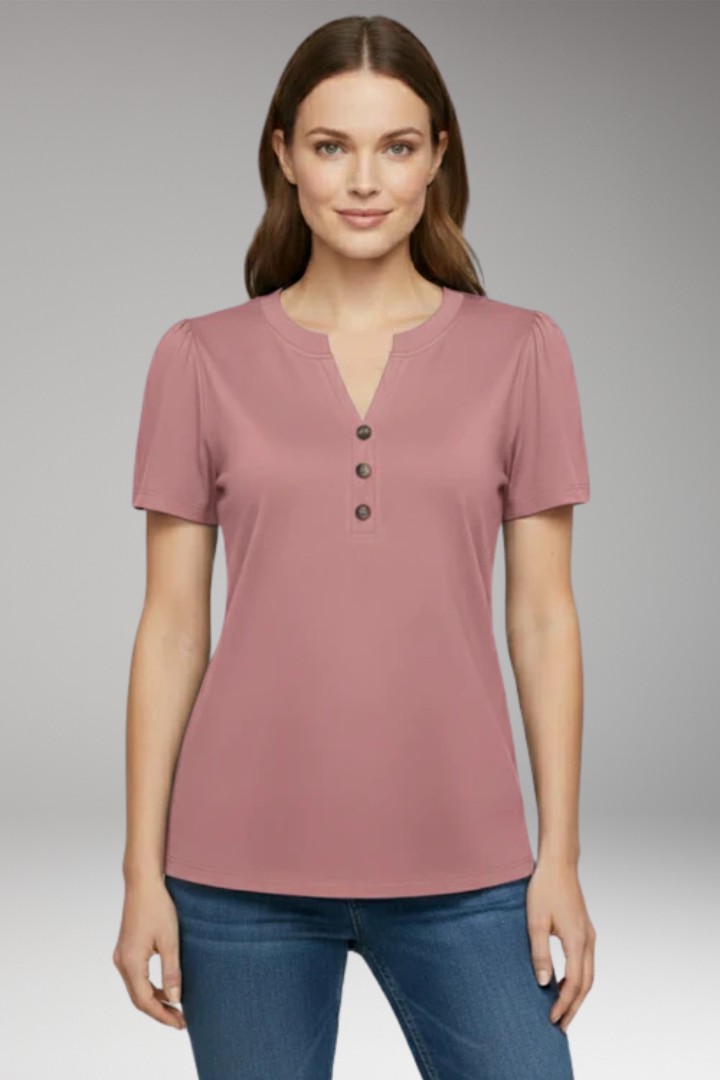 Women's T-Shirt with Button Placket and Short Sleeves