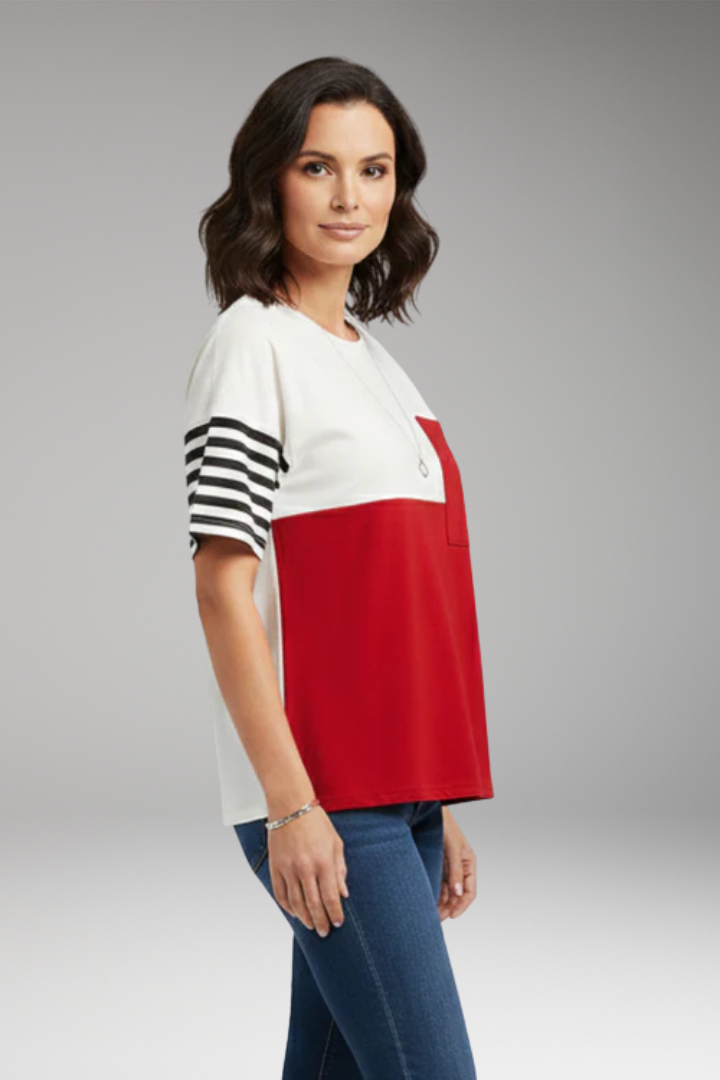 Women's T-Shirt with Chest Pocket and Striped Sleeves