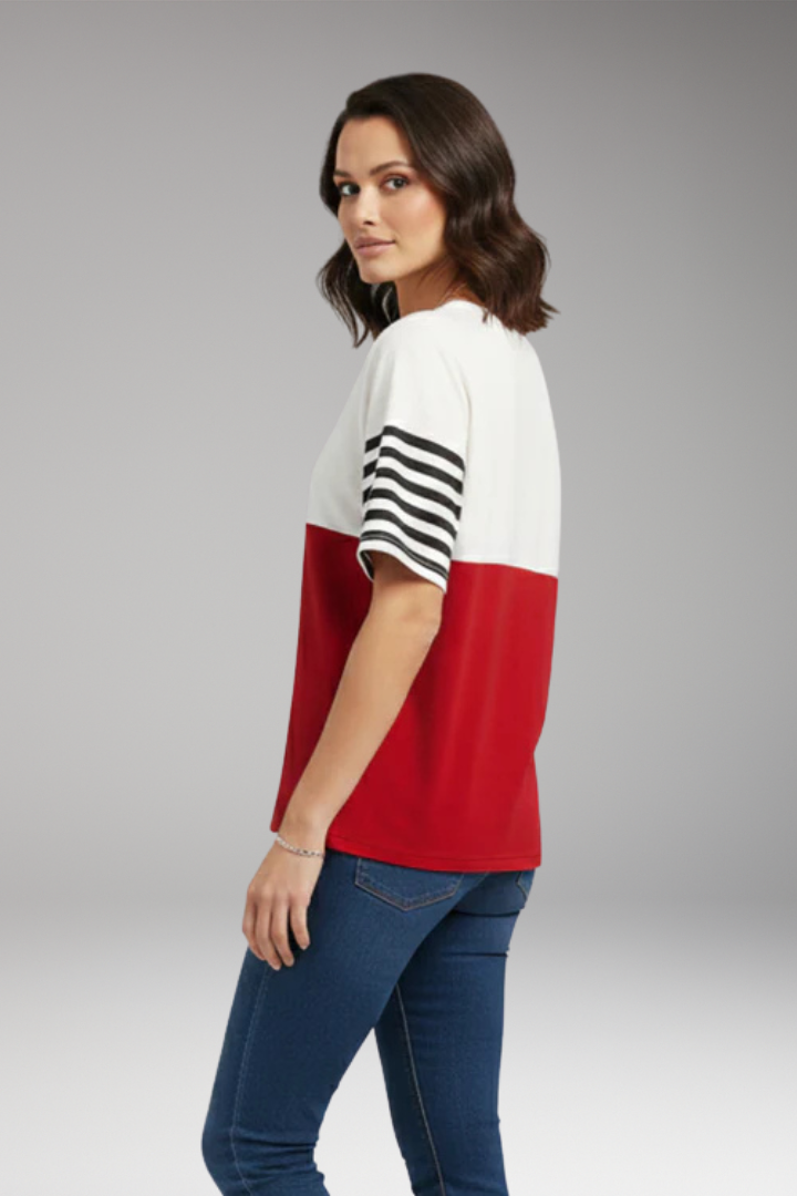 Women's T-Shirt with Chest Pocket and Striped Sleeves