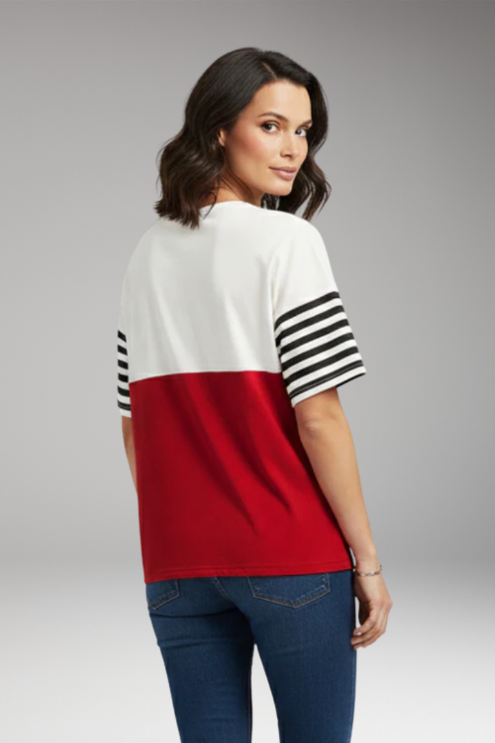 Women's T-Shirt with Chest Pocket and Striped Sleeves