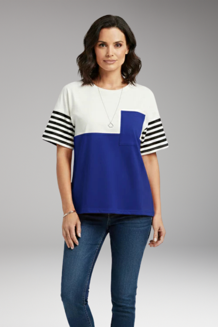 Women's T-Shirt with Chest Pocket and Striped Sleeves