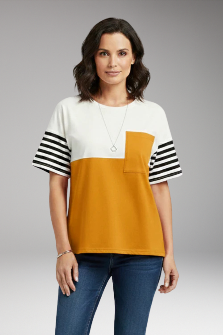 Women's T-Shirt with Chest Pocket and Striped Sleeves