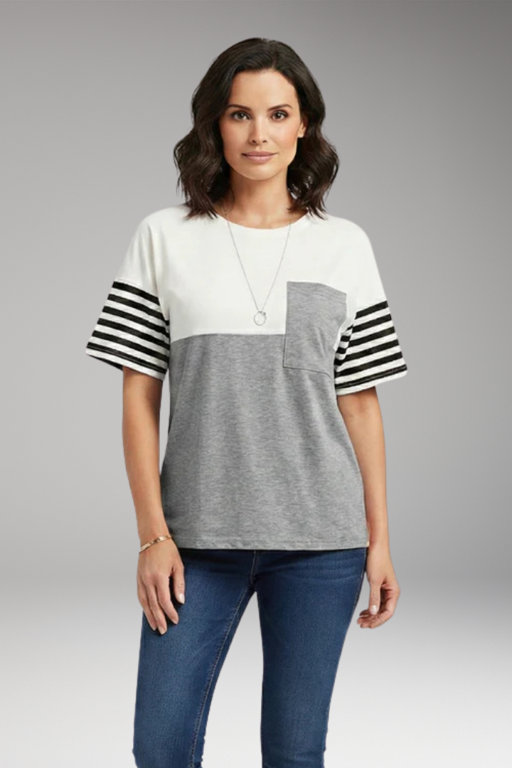 Women's T-Shirt with Chest Pocket and Striped Sleeves