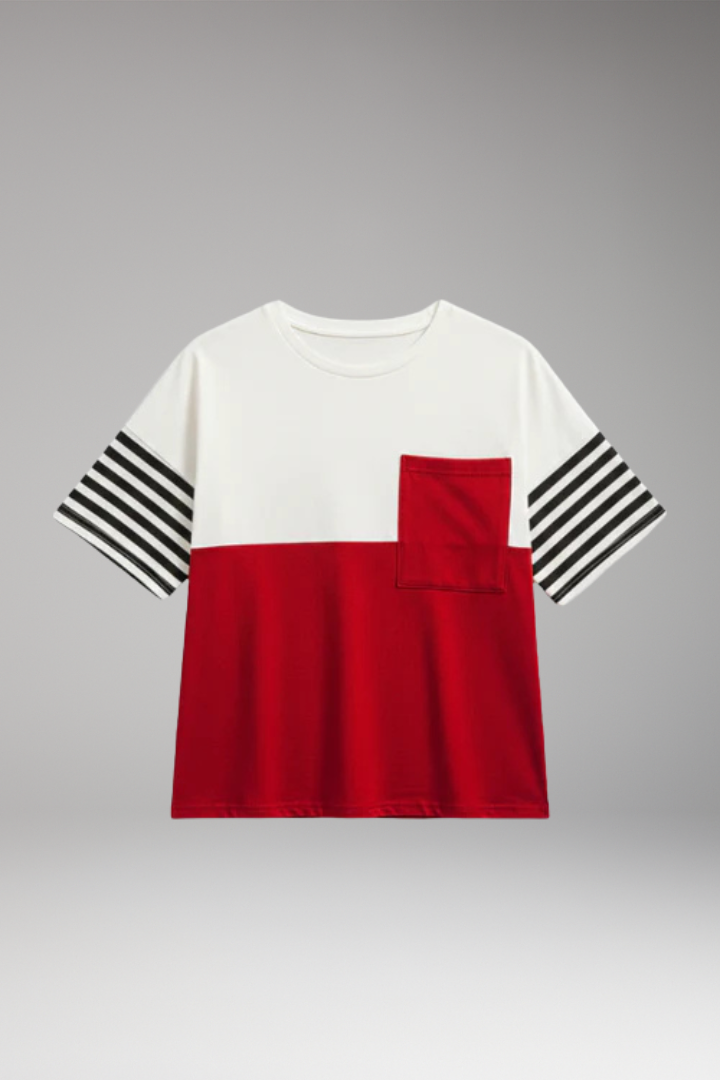 Women's T-Shirt with Chest Pocket and Striped Sleeves