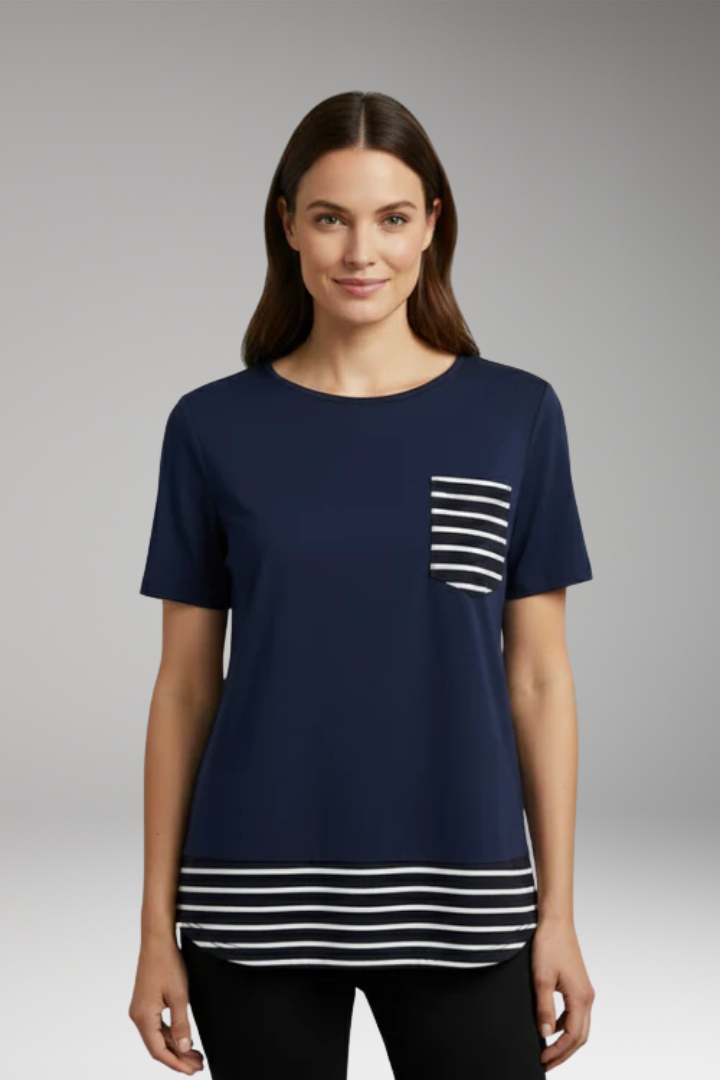 Women's T-Shirt with Striped Hem and Chest Pocket