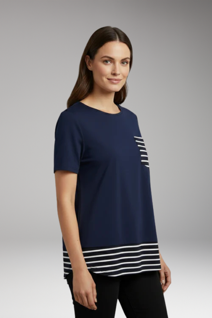 Women's T-Shirt with Striped Hem and Chest Pocket