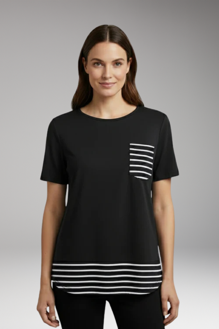 Women's T-Shirt with Striped Hem and Chest Pocket