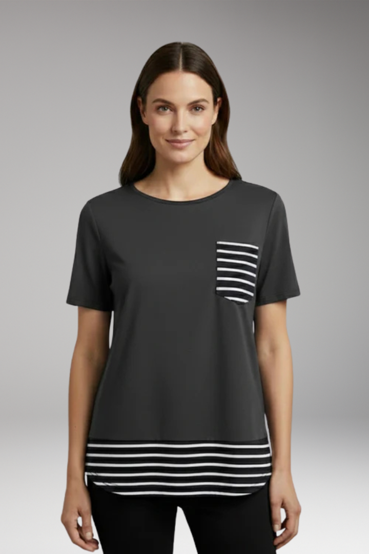 Women's T-Shirt with Striped Hem and Chest Pocket