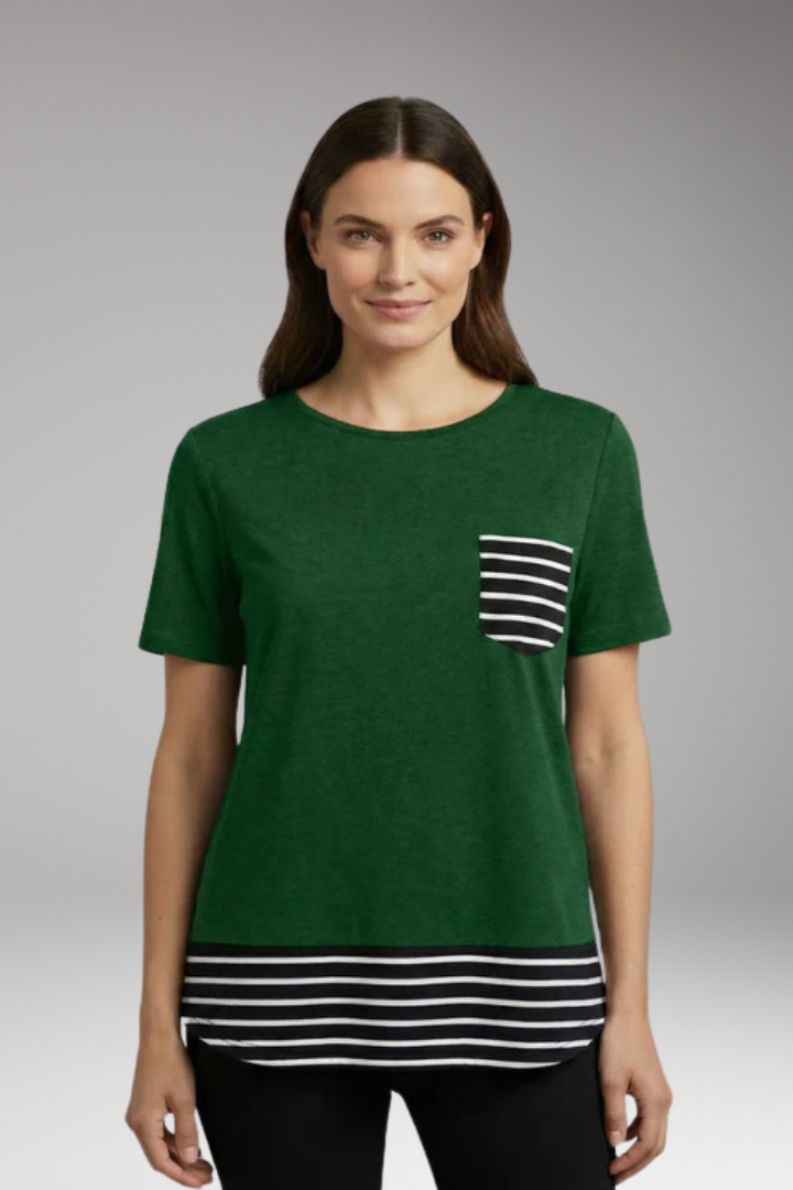 Women's T-Shirt with Striped Hem and Chest Pocket