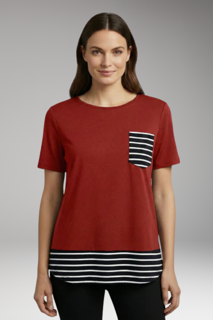 Women's T-Shirt with Striped Hem and Chest Pocket
