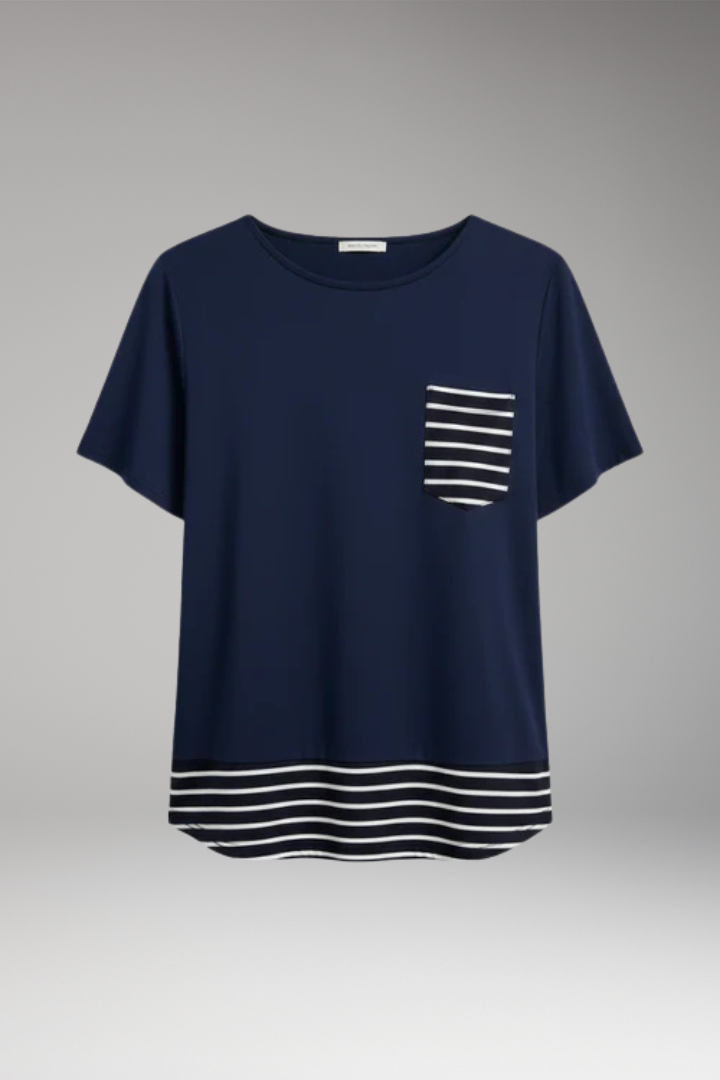 Women's T-Shirt with Striped Hem and Chest Pocket