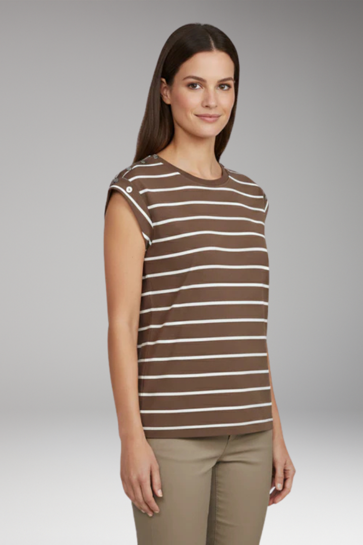 Women's T-Shirt with Striped Pattern and Button Shoulder
