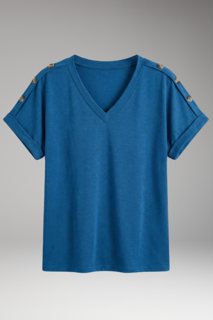 Women's T-Shirt with V-Neck and Buttoned Sleeves