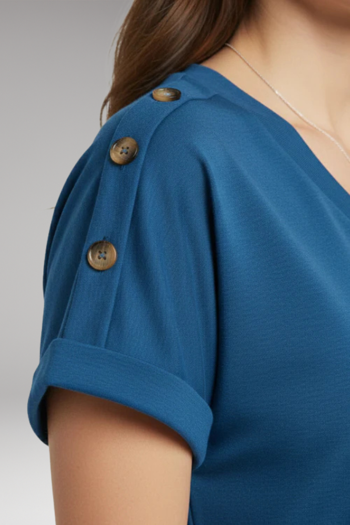 Women's T-Shirt with V-Neck and Buttoned Sleeves