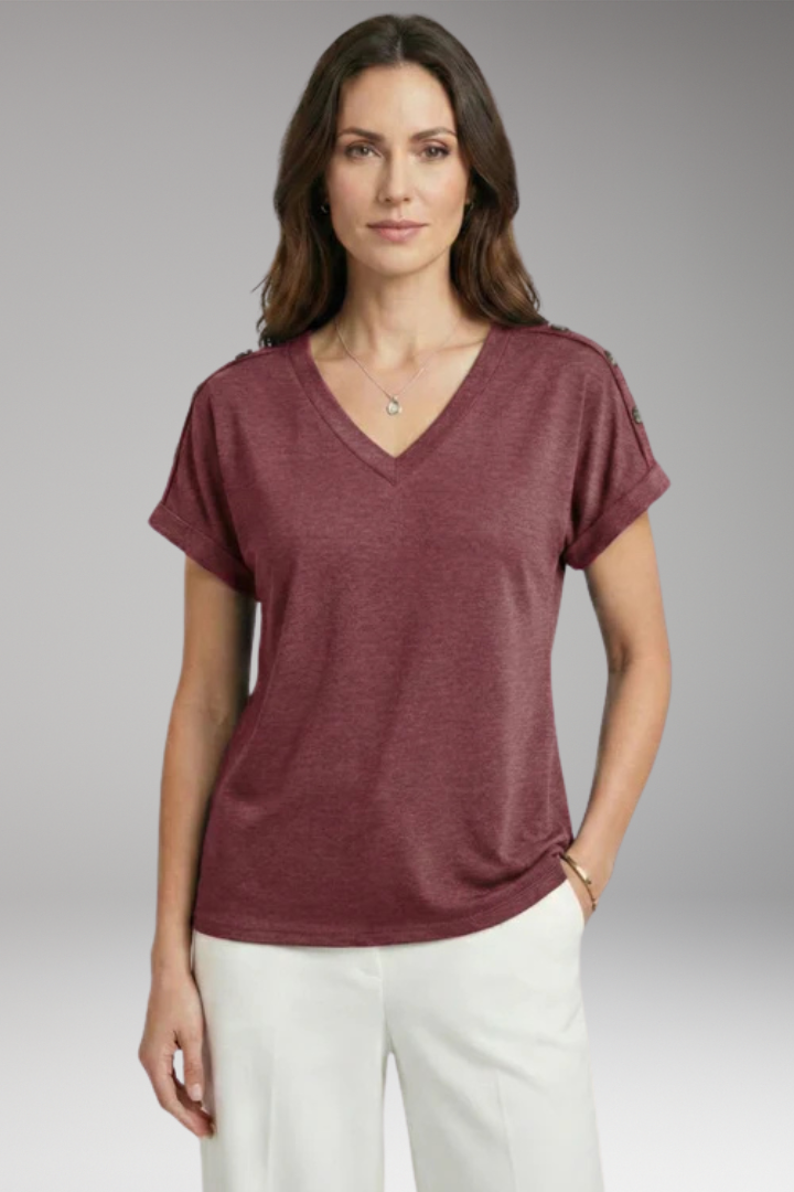 Women's T-Shirt with V-Neck and Buttoned Sleeves