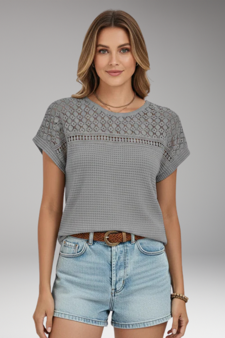 Women’s T-Shirt with Crochet Detail and Round Neck