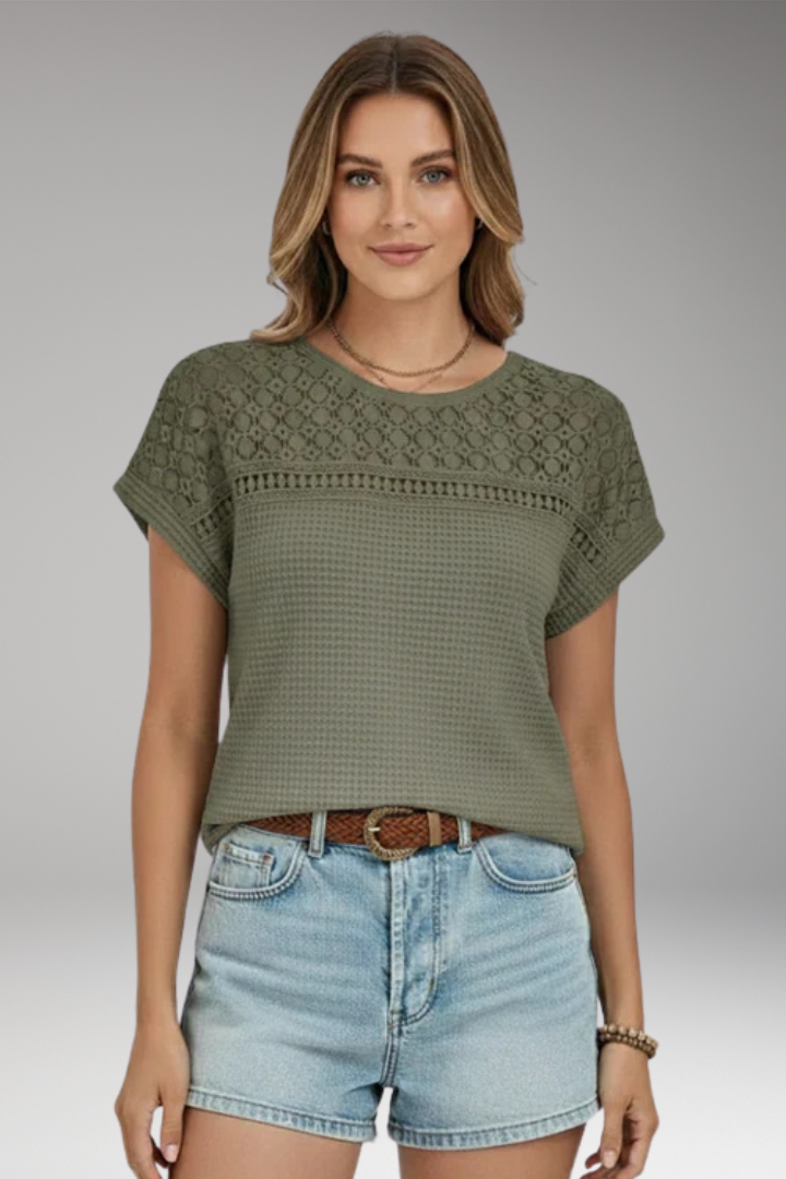 Women’s T-Shirt with Crochet Detail and Round Neck