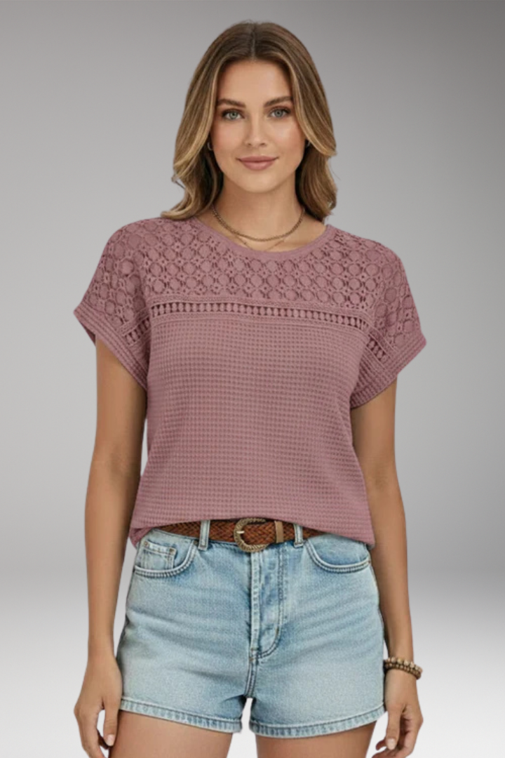 Women’s T-Shirt with Crochet Detail and Round Neck