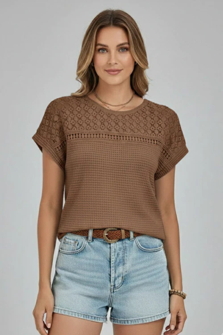 Women’s T-Shirt with Crochet Detail and Round Neck