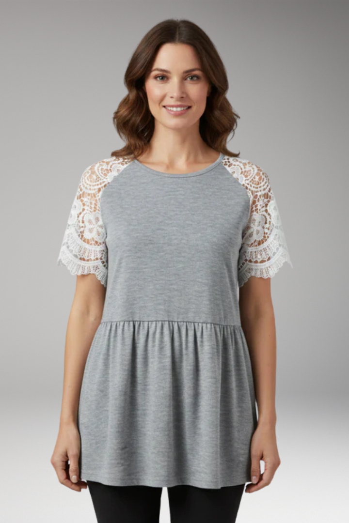 Women’s T-Shirt with Lace Sleeves and Peplum Hem