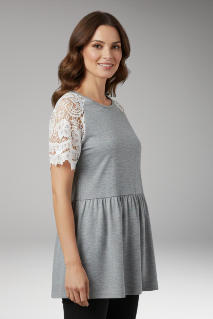 Women’s T-Shirt with Lace Sleeves and Peplum Hem
