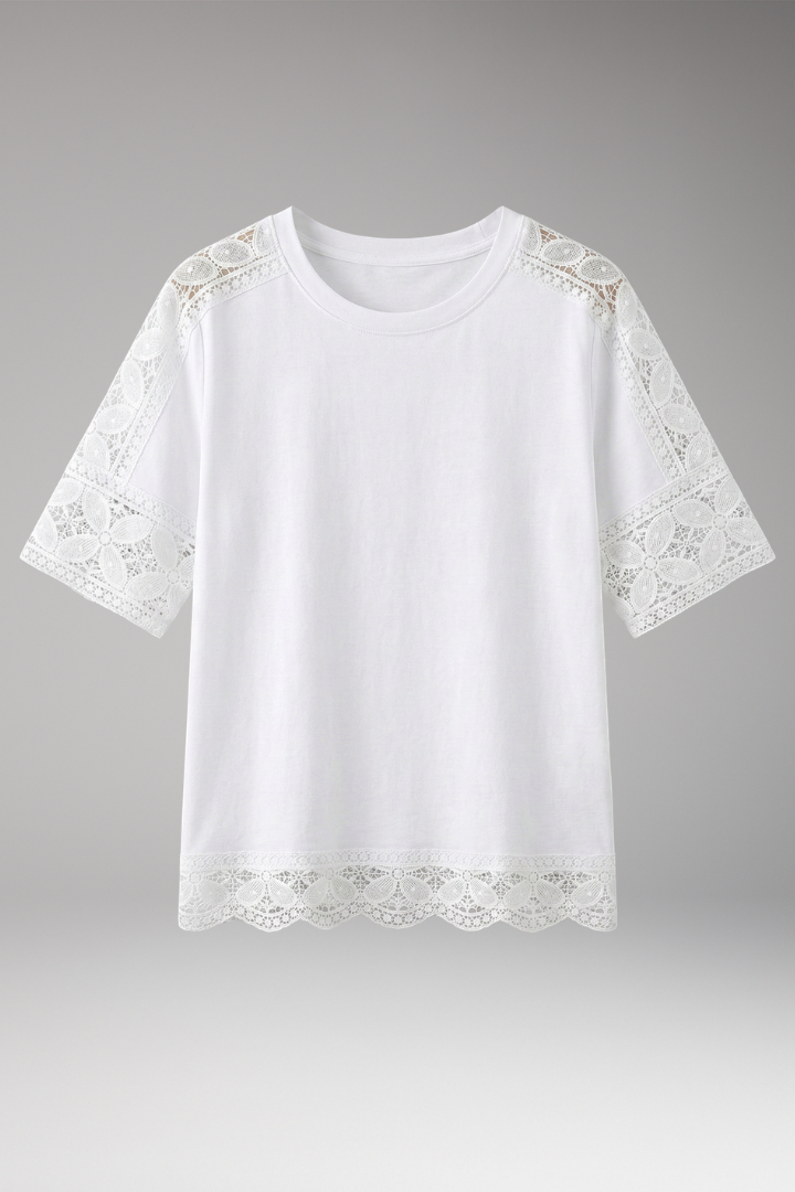Women’s T‑Shirt with Lace Trim and Round Neck