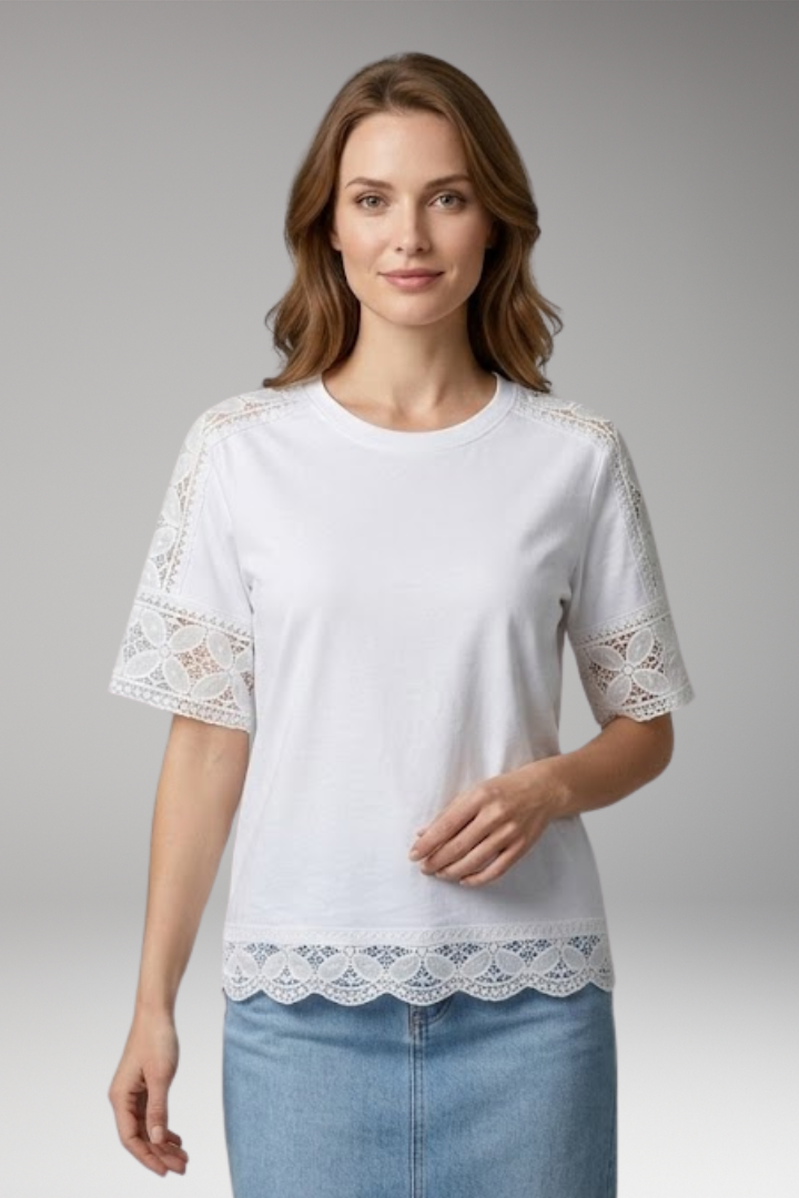 Women’s T‑Shirt with Lace Trim and Round Neck