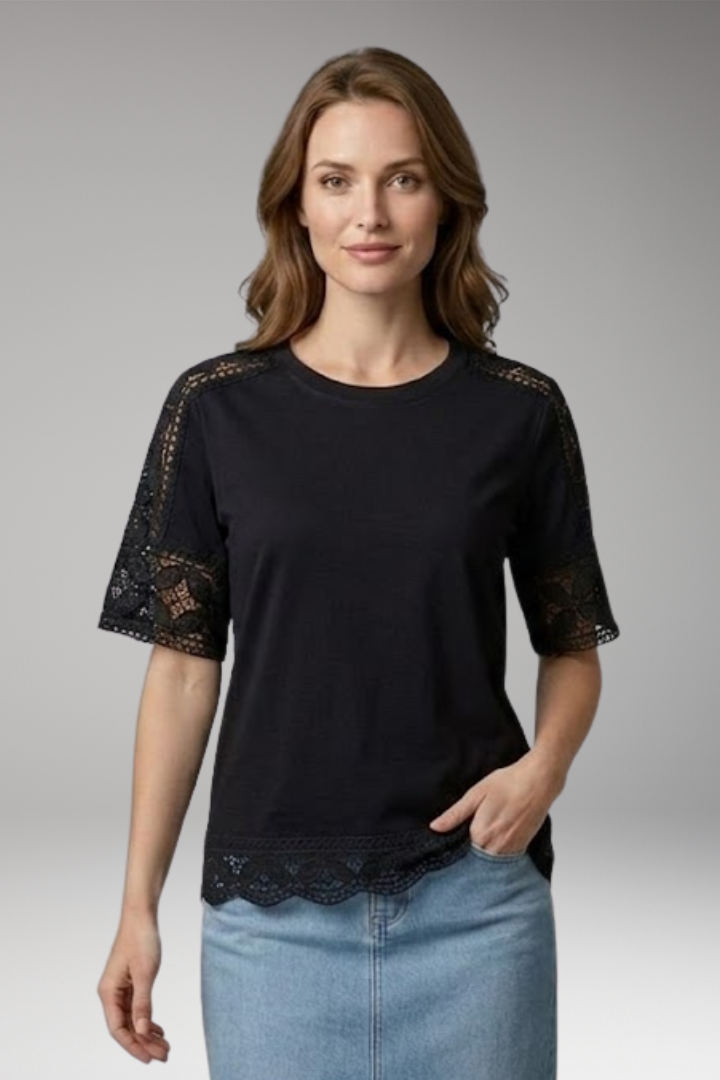 Women’s T‑Shirt with Lace Trim and Round Neck