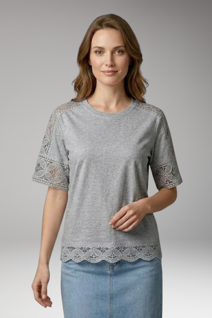 Women’s T‑Shirt with Lace Trim and Round Neck