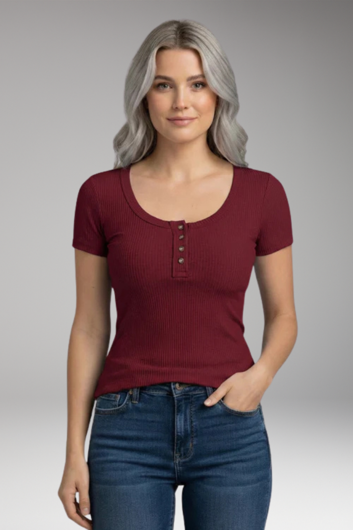 Women’s T‑Shirt with Scoop Neck and Button Details
