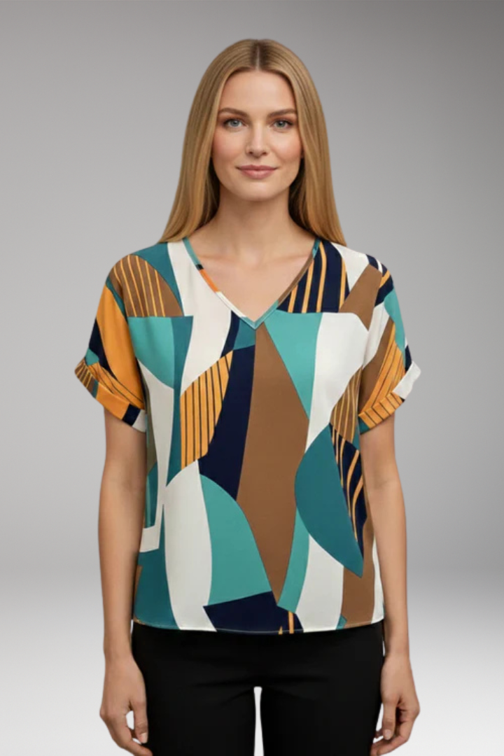 Women's T‑Shirt with V‑Neck and Geometric Pattern