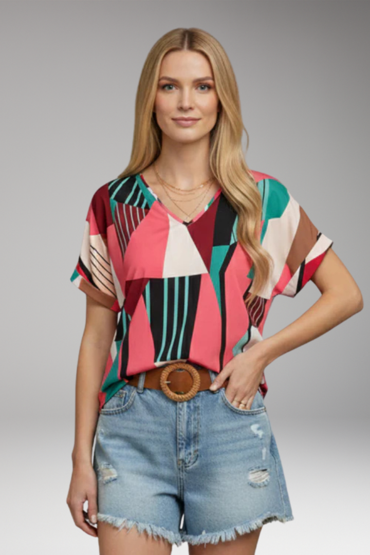 Women's T‑Shirt with V‑Neck and Geometric Pattern