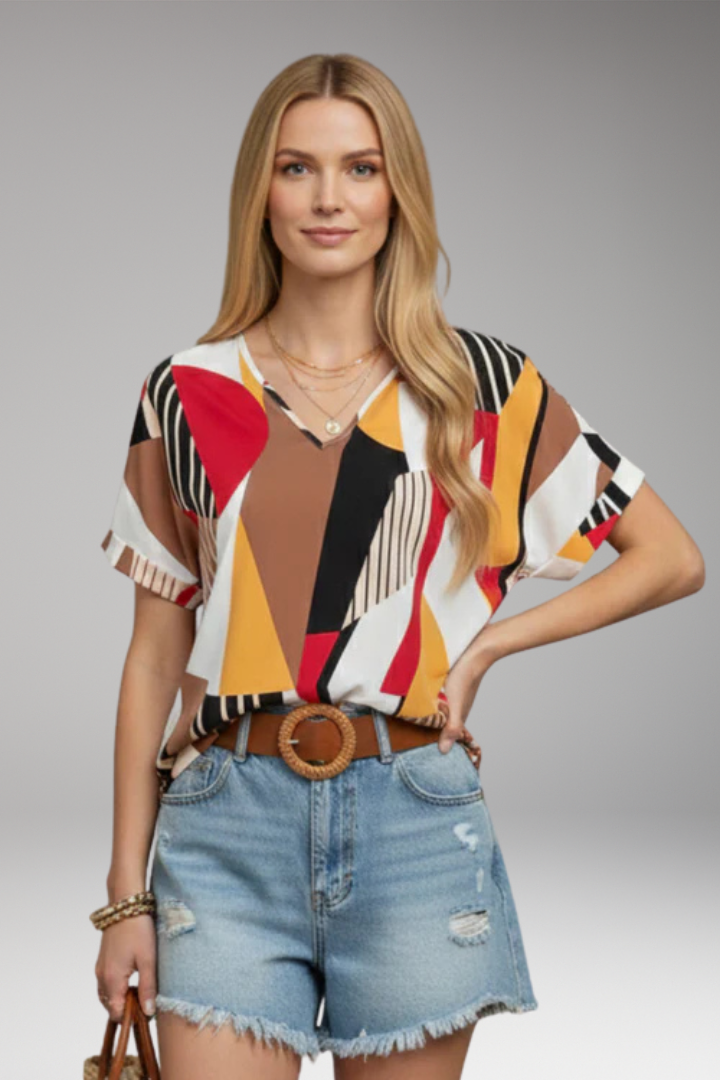 Women's T‑Shirt with V‑Neck and Geometric Pattern