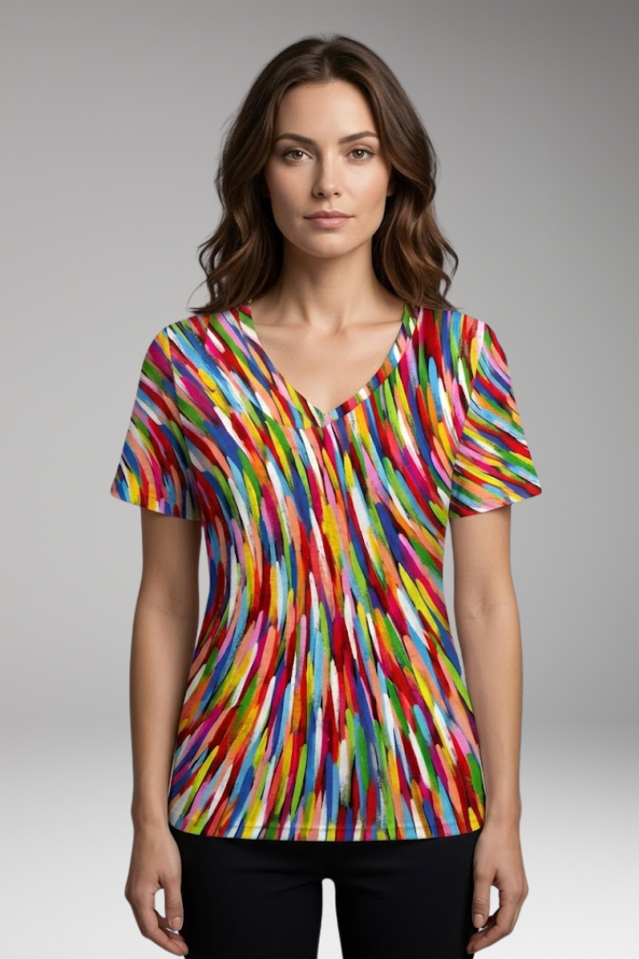 Women’s T-Shirt with V-Neck and Striped Pattern