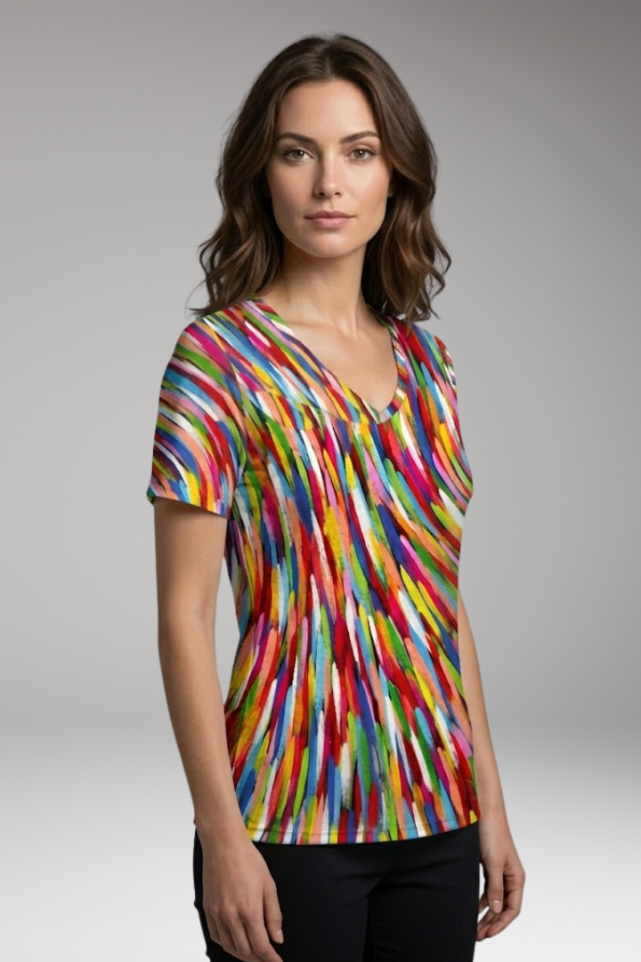 Women’s T-Shirt with V-Neck and Striped Pattern
