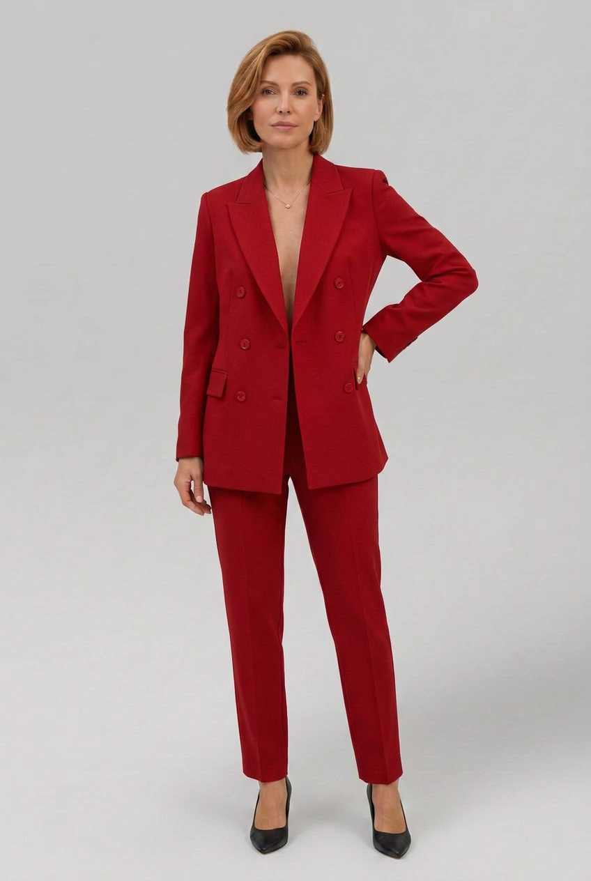 Women’s Tailored Double-Breasted Longline Blazer and Slim-Leg Trouser Suit Set