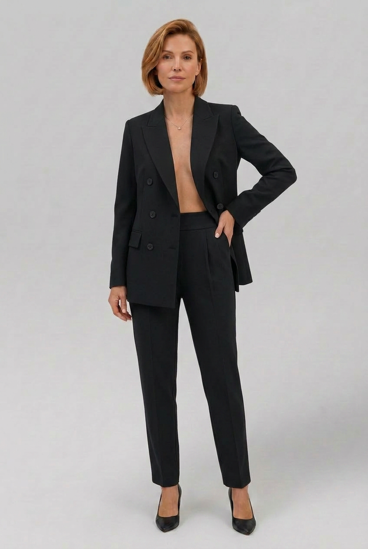 Women’s Tailored Double-Breasted Longline Blazer and Slim-Leg Trouser Suit Set