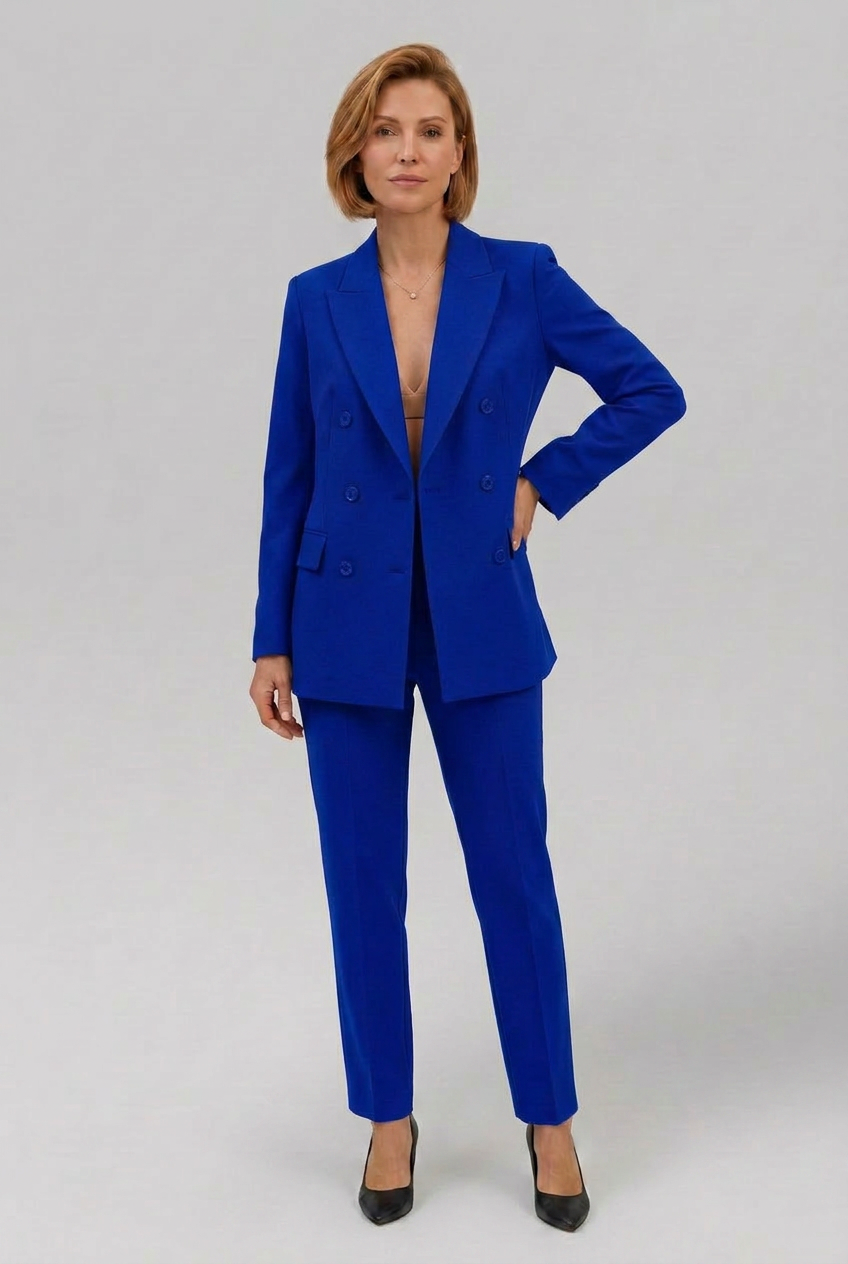 Women’s Tailored Double-Breasted Longline Blazer and Slim-Leg Trouser Suit Set