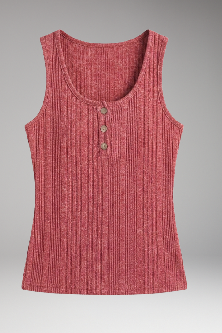 Women's Tank Top with Button Placket and Ribbed Surface