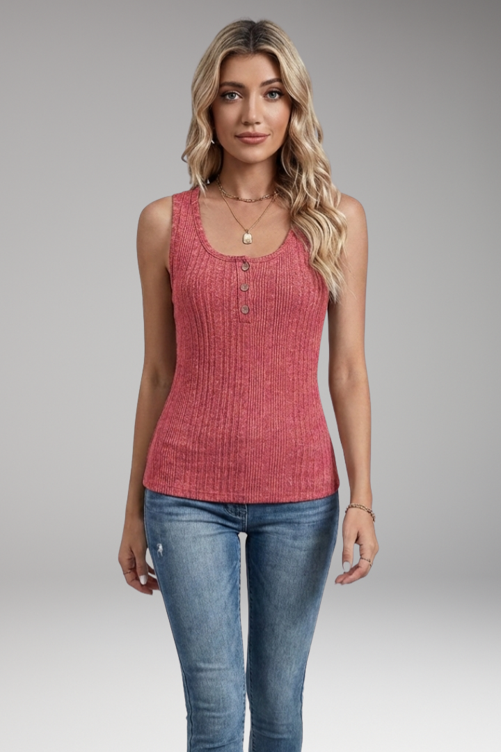 Women's Tank Top with Button Placket and Ribbed Surface