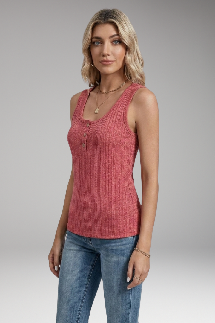 Women's Tank Top with Button Placket and Ribbed Surface