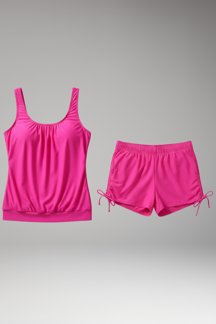 Women's Tankini Set with Gathered Front and Adjustable Drawstring Shorts