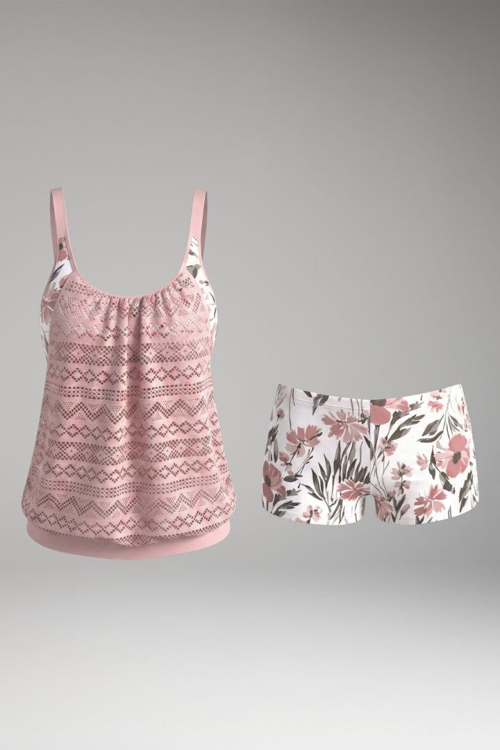 Women’s Tankini Set with Lace Design and Striped Bottoms