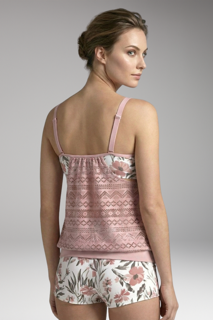 Women’s Tankini Set with Lace Design and Striped Bottoms