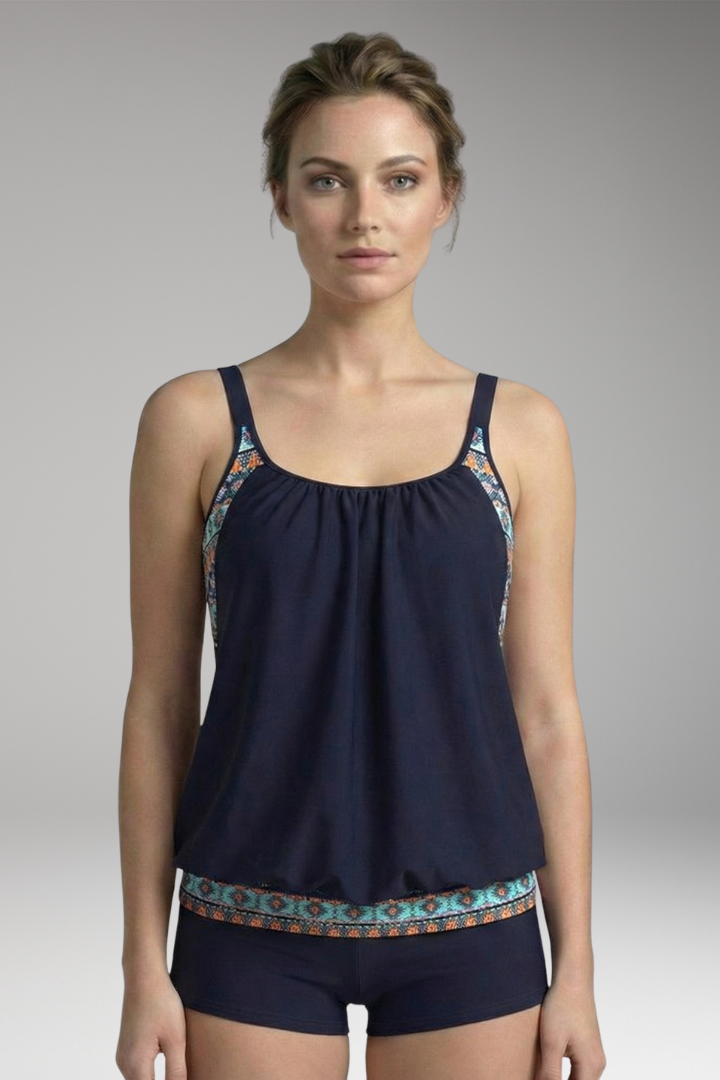 Women’s Tankini Set with Lace Design and Striped Bottoms