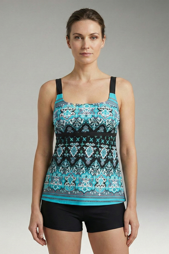 Women’s Tankini Set with Printed Top and High-Waisted Shorts
