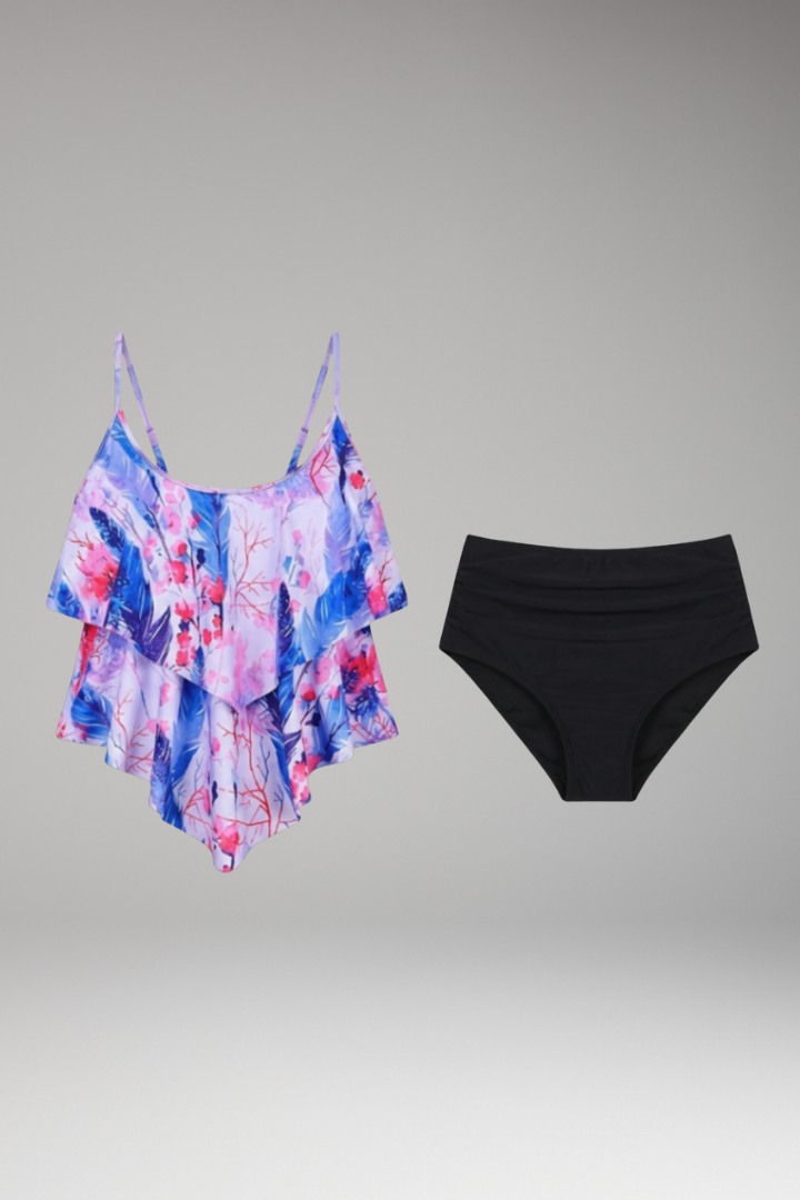 Women’s Tankini Set with Ruffled Top and High-Waisted Bottoms