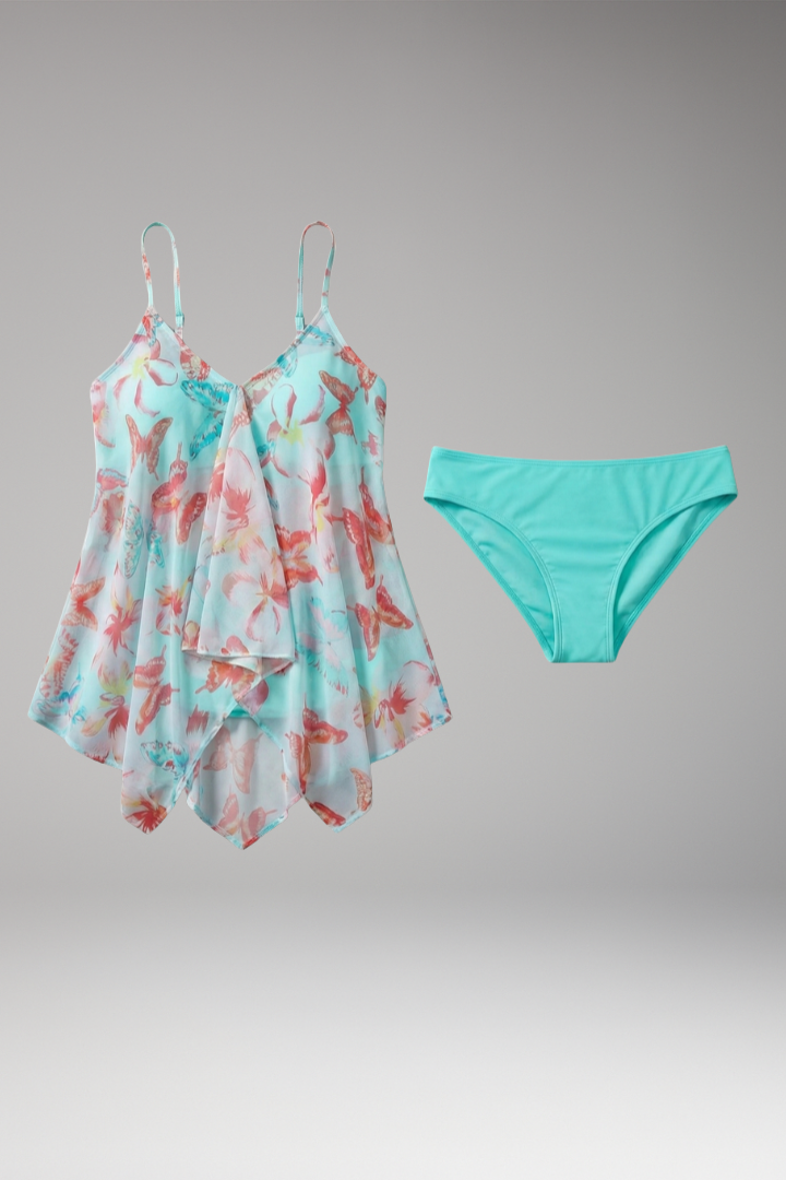Women's Tankini Set with Spaghetti Straps and Tropical Print