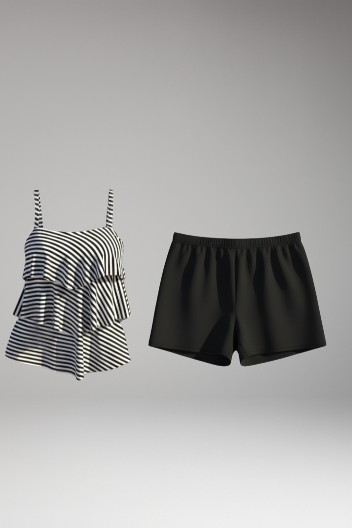 Women's Tankini Set with Tiered Ruffles and Matching Shorts